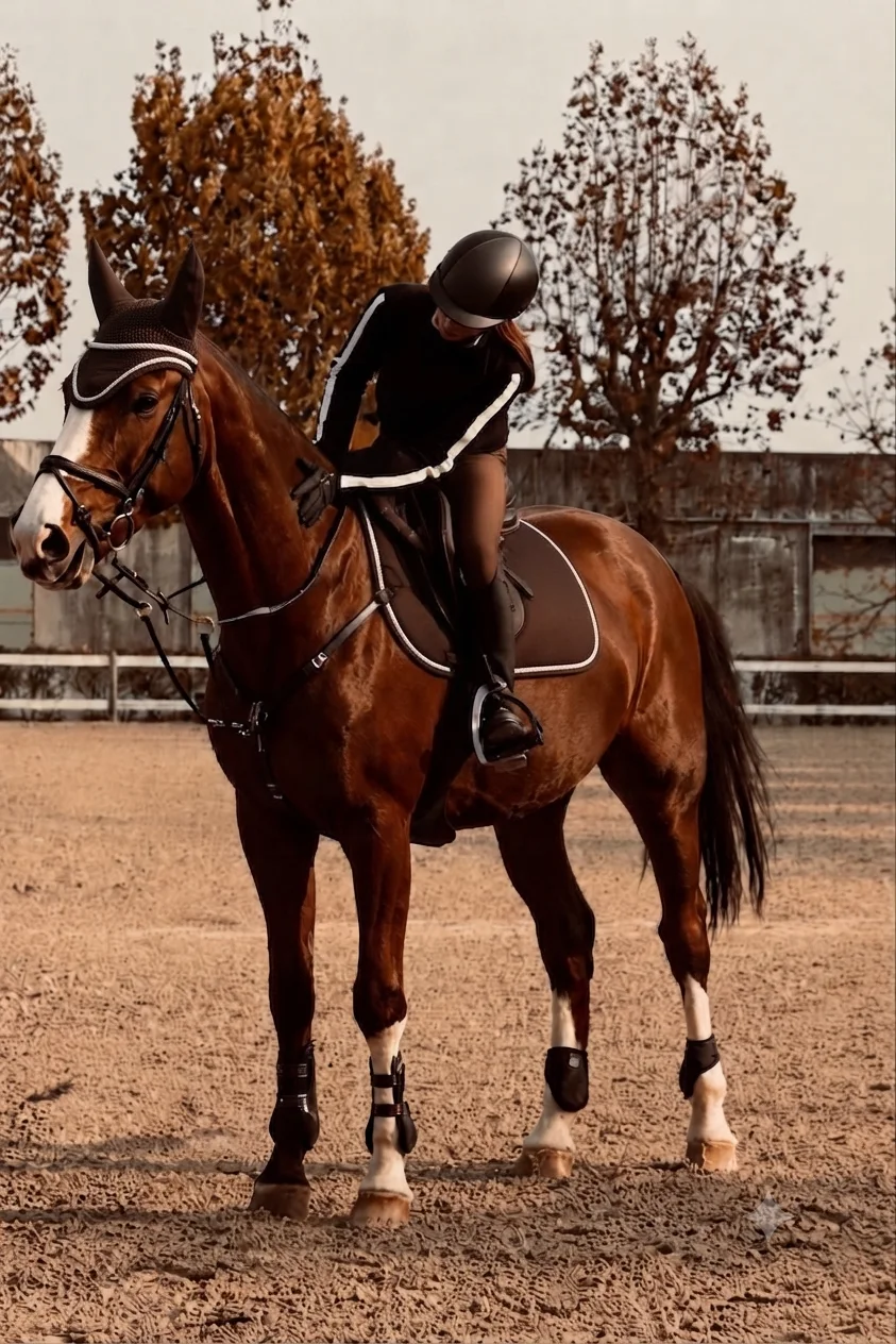 A rider walking her chestnut horse in the arena.